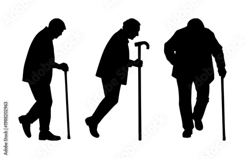 Geriatric walking cane set with solid black icon on white background featuring accessibility, mobility, healthcare with medical and eldercare