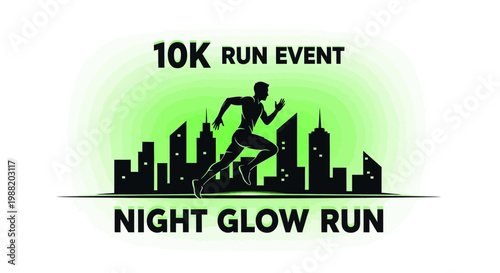 Energetic 10K Night Run Illustration Featuring Silhouette Runner and Illuminated Cityscape Design