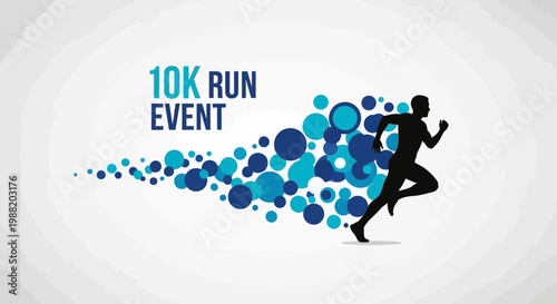 Energetic 10K Run Event Design Featuring Dynamic Runner Silhouette and Abstract Bubbles