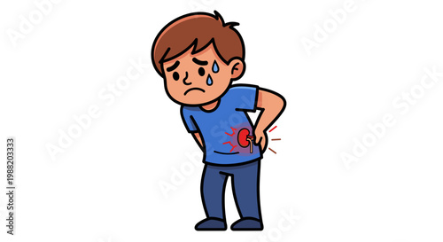 Cartoon illustration of a young boy clutching his side in kidney pain, with tears and a pained expression, set against a simple white background