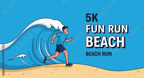 Energetic 5K Beach Run Concept Depicting Runner, Wave, and Coastal Landscape Scene