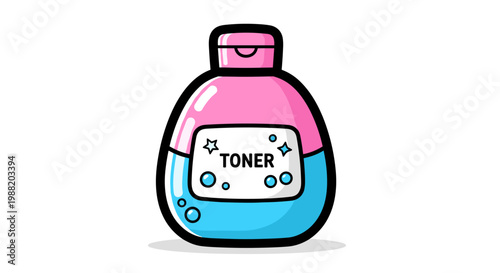 Playful cartoon illustration of a pink and blue facial toner bottle with bubbles, against a white background, featuring bold outlines and whimsical design