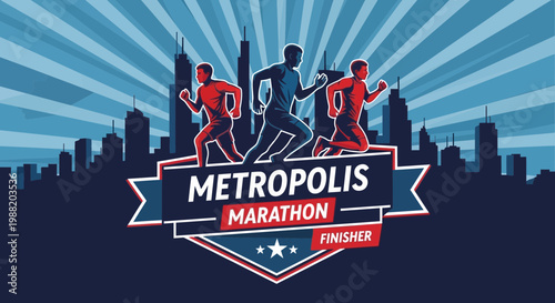 Dynamic Metropolis Marathon Finishers Illustration with Cityscape Background