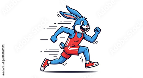 Energetic Blue Rabbit Cartoon Running at Swift Speed in a Vibrant, Sporty Style