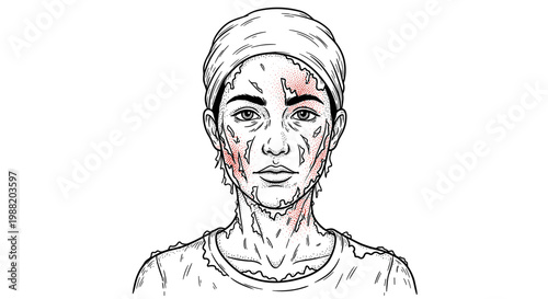 Illustration of a person with peeling skin wearing a headscarf, detailed black and white sketch with red highlights on textured background