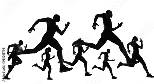 Dynamic Silhouettes Of Diverse Runners In Motion Across A White Background