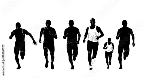Dynamic Silhouettes Of Male Athletes In Full Stride During A Race