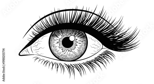 Illustration of a womans eye with detailed false eyelashes, black and white sketch style, featuring intricate linework and shading