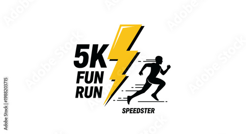Energetic 5K Fun Run Logo Featuring Runner Silhouette Near Lightning Symbol