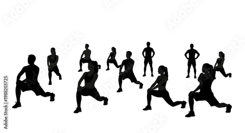 Dynamic Silhouettes Of People Performing Fitness Stretches And Exercises Together