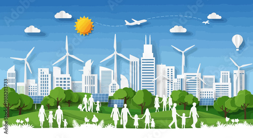 Ecological Sustainable City With Wind Turbines, Solar Panels and Happy Families