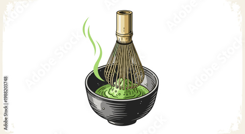 Illustration of matcha tea being whisked in a traditional black bowl with steam rising, showcasing vibrant green color and intricate bamboo whisk detail