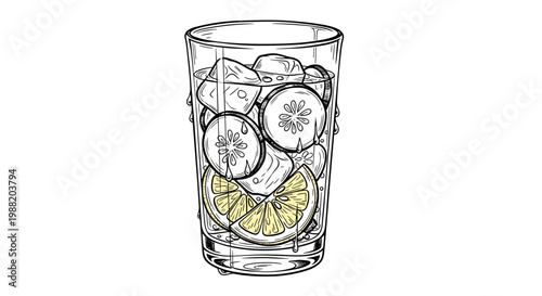 Illustration of a glass filled with detox water infused with cucumber slices and lemon wedges, black and white sketch style on a white background