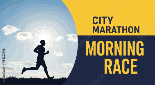 Energetic City Marathon Morning Race, Silhouette of Athlete Running in Sunrise