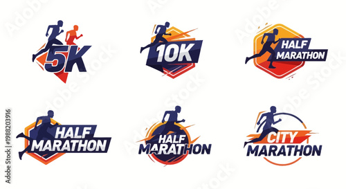 Dynamic Sport Event Logos Featuring Runners Representing Various Distance Races and Marathons