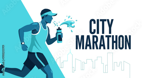 Energetic City Marathon Runner Hydrating with Water Bottle During Race, Fitness Concept