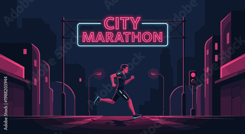 Energetic City Marathon Runner Illuminated Against Nighttime Urban Backdrop Scene
