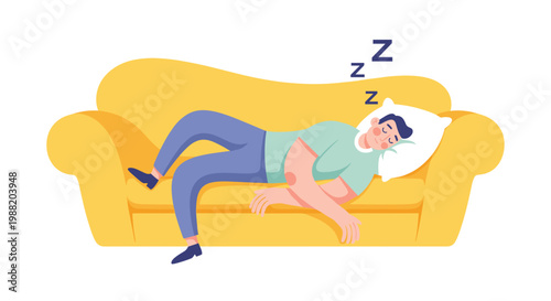 Illustration of a man peacefully sleeping on a yellow couch with a pillow, wearing casual clothes, on a white background