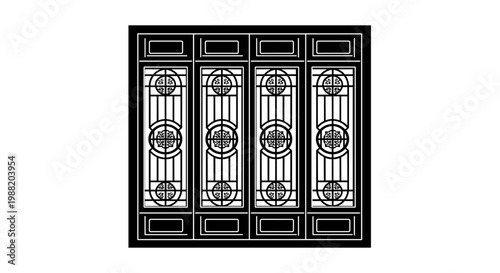 Traditional Chinese window design with intricate geometric patterns in black and white, showcasing cultural elegance and symmetry on a plain white background