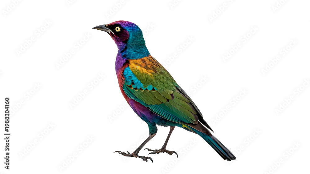 Fototapeta premium Colorful bird stands on its legs in a studio setting with white background during bright lighting hours isolated on transparent background