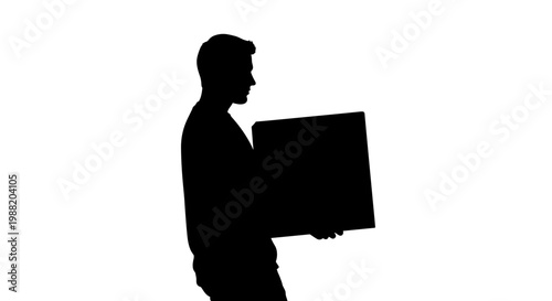 Silhouette of a man holding a moving box against a white background, capturing a minimalist and dynamic scene with strong contrast