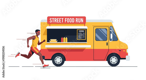 Energetic Athlete Chasing a Food Truck Expressing Speed and Street Food Culture