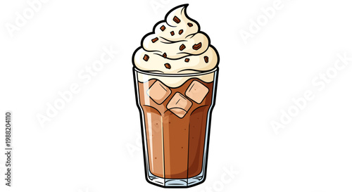 Illustration of a refreshing iced mocha topped with whipped cream in a tall glass, showcasing rich chocolate tones and ice cubes on a white background