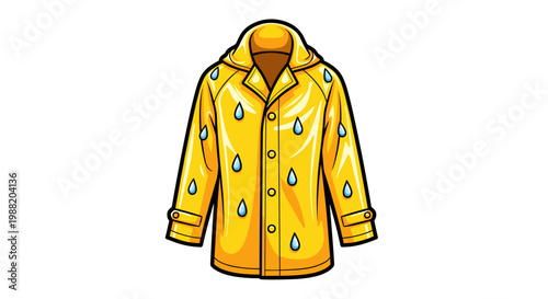 Bright yellow raincoat adorned with cartoon raindrops on a white background