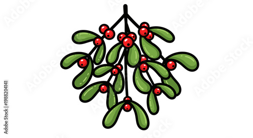 Vibrant illustration of mistletoe with red berries hanging above, set against a clean white background, showcasing festive holiday symbolism