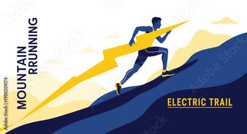 Energetic Athlete Conquering Mountain Ascent with Electric Trail Illustration