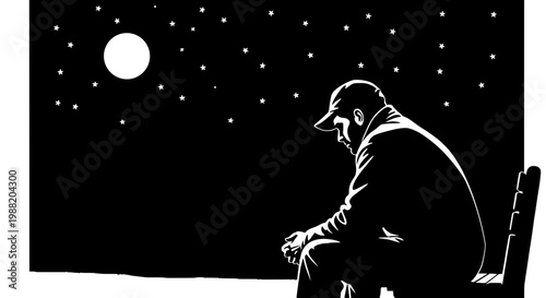 Man sitting on a bench outside during a starry night, silhouetted against a moonlit sky, in a minimalist black and white illustration