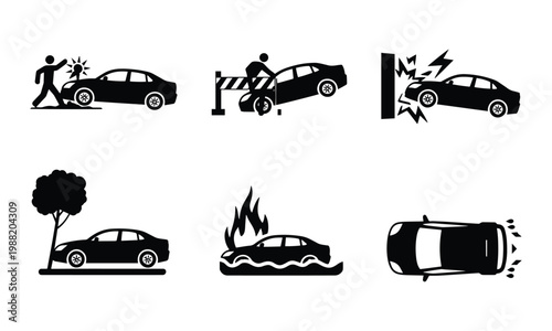 Collection of black and white vector icons depicting various car accident scenarios, including collisions, rollovers, and environmental damage.