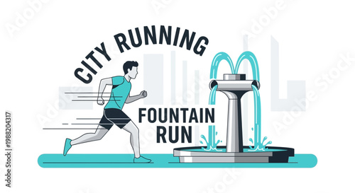 Energetic City Runner Near a Tranquil Fountain on a Modern Urban Pathway