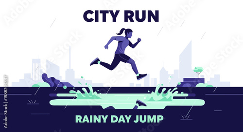 Energetic City Runner Leaping Over Water During a Rainy Day Illustrative Design