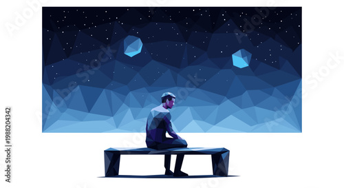 Man sitting on a bench under a starry night sky with geometric shapes, contemplating outside in a digital art style