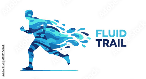 Dynamic Runner Depicted in Fluid Form with Abstract Water Elements and Trails
