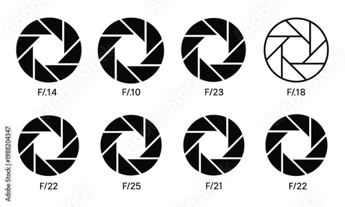 Set of aperture diaphragm icons showing different f-stops like f/14, f/10, f/23, f/18, f/22, f/25, f/21, f/22 for photography.
