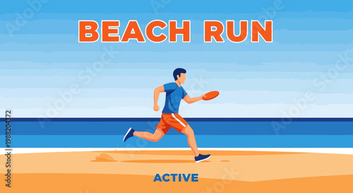 Energetic Athlete Engaging in a Beach Run with a Frisbee on a Sunny Day