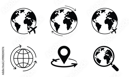 Collection of global travel icons with airplanes, rotating Earth, location pin, and magnifying glass, illustrating worldwide exploration.