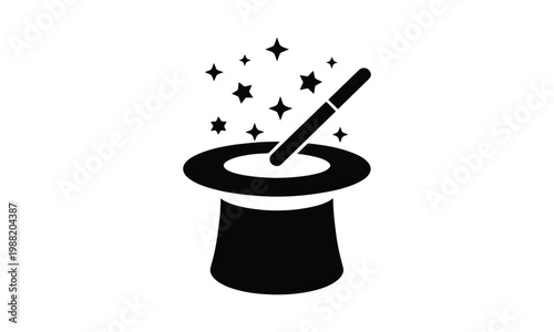 Magical top hat with a wand and sparkling stars, symbolizing illusion, performance, fantasy, and enchantment for entertainment.