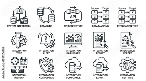 Set of Icons Representing System Integration and Data Management Processes.