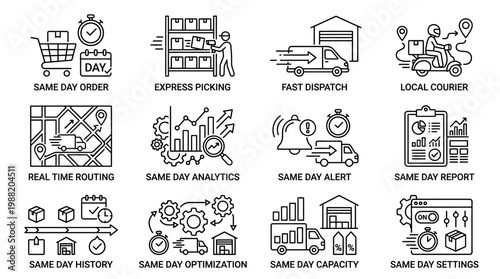 Set of Same Day Delivery Service Line Icons for Logistics and E-commerce Business Operations.