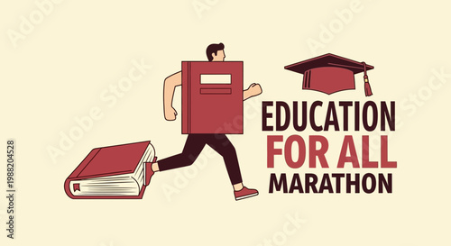 Educational Pursuit Represented by a Running Figure with Books and a Graduation Hat