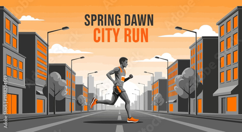 Energetic City Runner Sprinting Through Urban Landscape at Dawn in Orange and Gray Tones