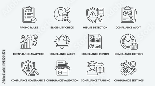 Set of Twelve Business Compliance and Regulatory Governance Line Icons in Vector Format.