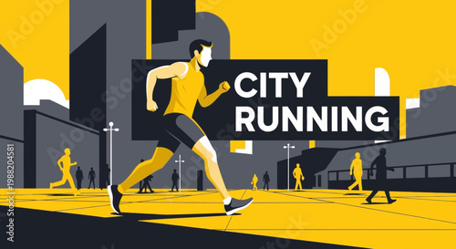 Energetic City Runner Sprinting Through Urban Landscape, Dynamic Run in Sunlight