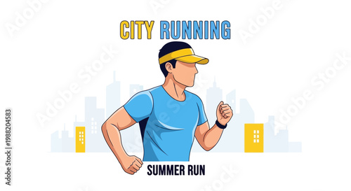 Energetic Athlete in Action, City Marathon Training Runs During Beautiful Summer Days in the City