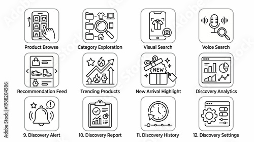 Set of twelve hand drawn e commerce product discovery icons for web and mobile apps.