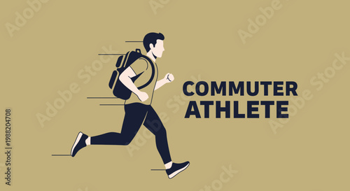 Energetic Commuter Athlete Running to Work With Backpack Depicted in Minimalist Illustration