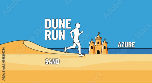 Energetic Runner Approaching A Sandcastle On a Beach Amidst Azure Skies